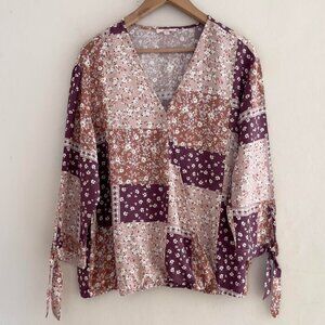 Como Vintage Patchwork Floral Tie Sleeve Blouse SZ XXL